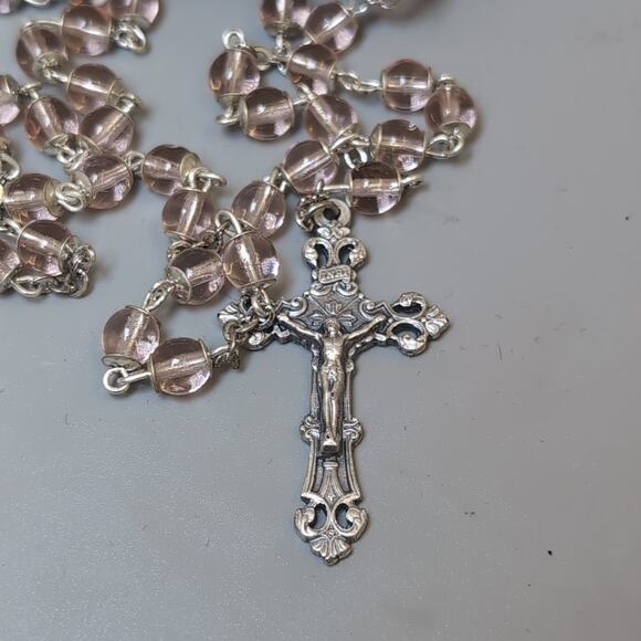 Pink Cathedral Catholic Rosary Glass Bead Crucifix Center Jesus Italy Chapel Vtg - Picture 3 of 5
